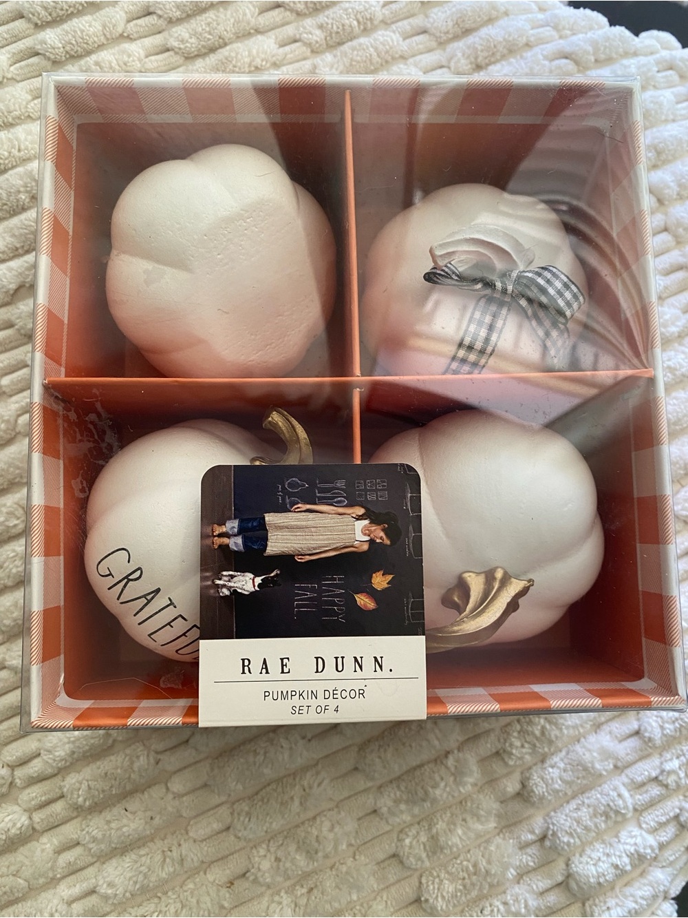 NIB Rae Dunn Fall White Pumpkin Decor Set of 4 Grateful Gingham Ribbon